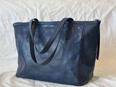VINTAGE FOSSIL Authentic Leather Large Tote Bag Navy Blue