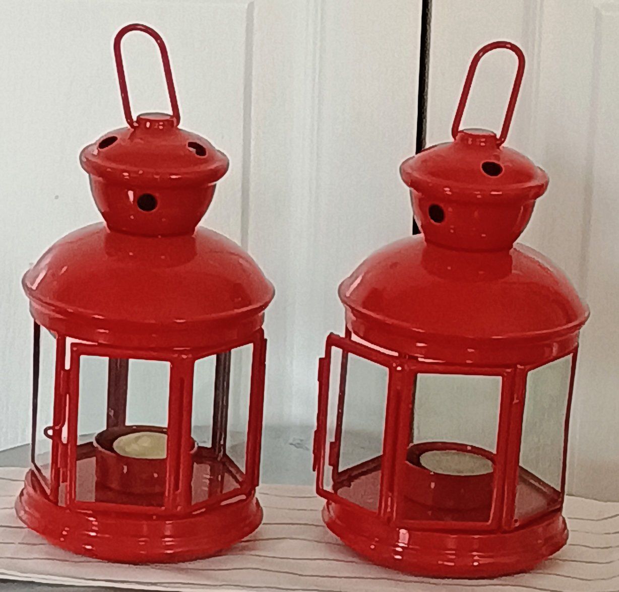 Red Metal Decorative Lanterns Candle Holders Set of 2