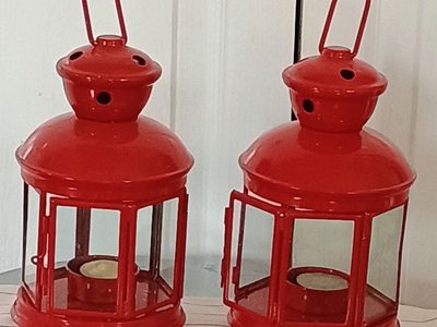 Red Metal Decorative Lanterns Candle Holders Set of 2
