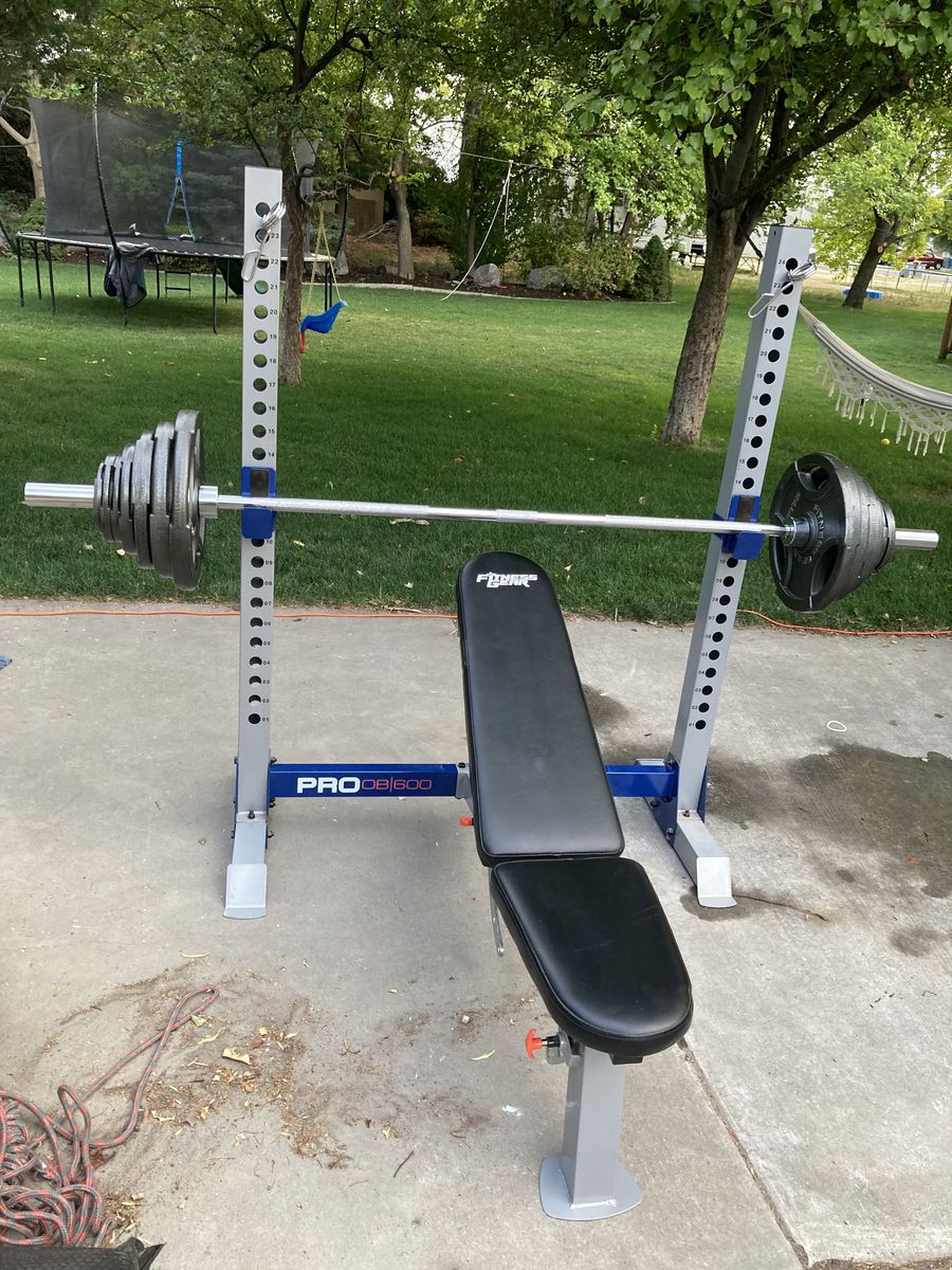 Fitness Gear Pro OB600 Olympic Weight Bench with Squat Rack & Barbell Set