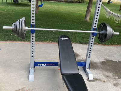 Fitness Gear Pro OB600 Olympic Weight Bench with Squat Rack & Barbell Set