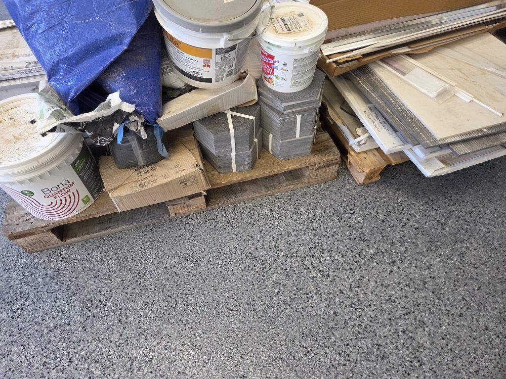 Assorted Tile and Flooring Construction Materials Lot with Buckets and Tarp