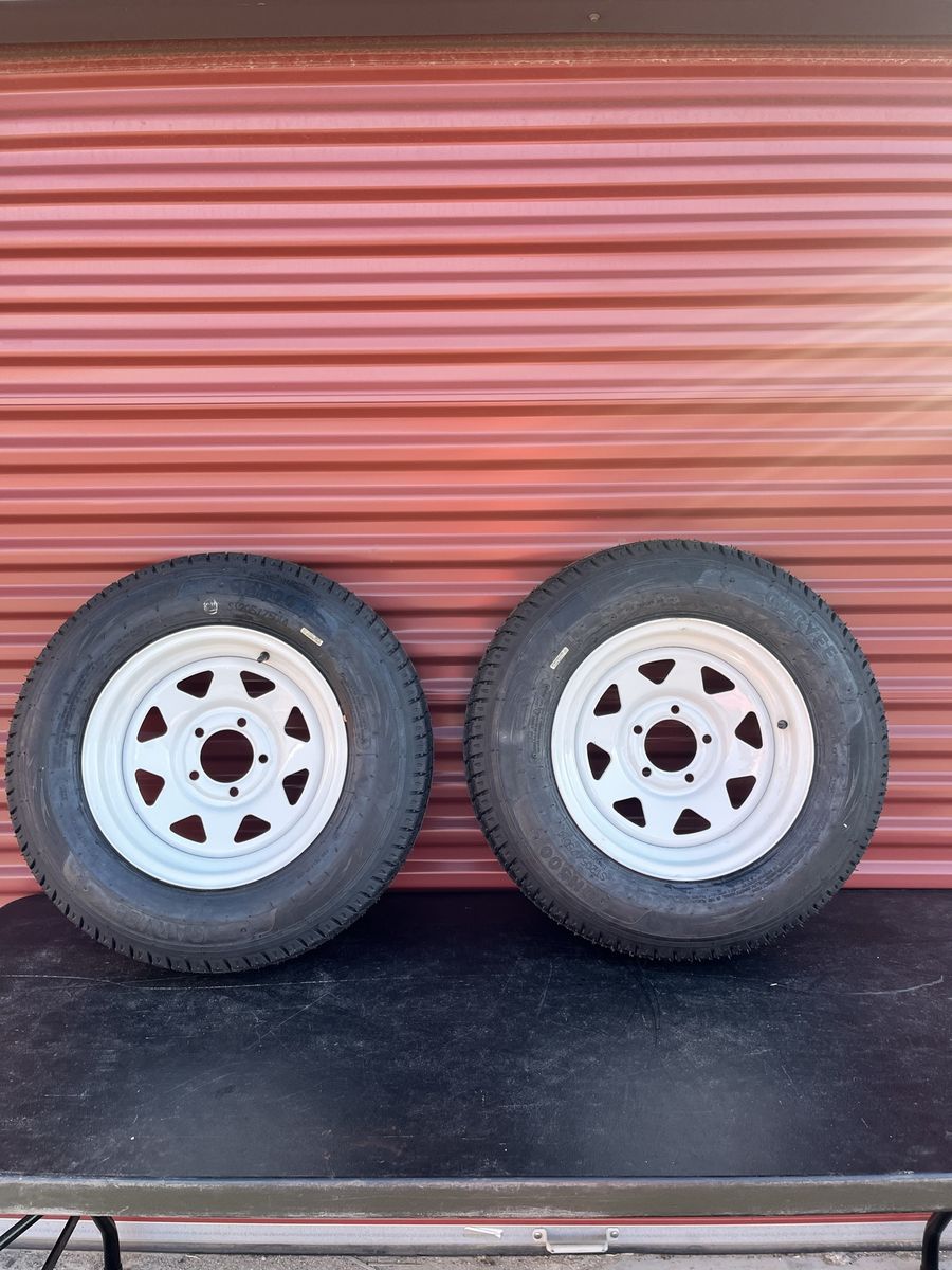 Set of Two Garvee ST 205/75 D 14 Trailer Tires Mounted on New White Spoke Wheels  5 on 4.5 Brand New