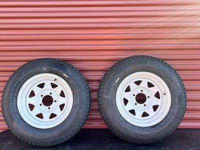 Set of Two Garvee ST 205/75 D 14 Trailer Tires Mounted on New White Spoke Wheels 5 on 4.5 Brand New