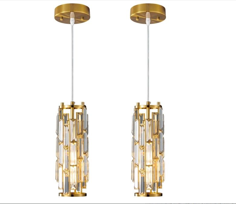 2 PK Modern Gold Pendant Light Mini Crystal Chandelier
