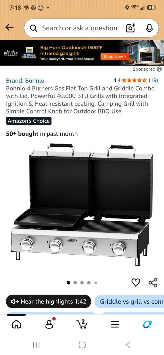 Bonnlo 4-Burner 40,000 BTU Gas Flat Top Grill & Griddle Combo w/ Lid - Tabletop