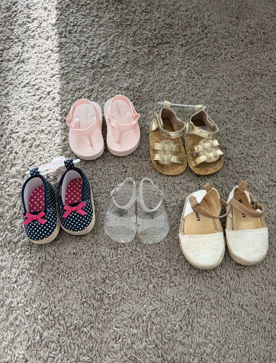 Baby Girl's Shoe Lot: Old Navy Sandals, Polka Dot Espadrilles, Jelly Shoes, Gold Cork Sandals (5 Pairs)
