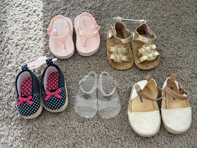 Baby Girl's Shoe Lot: Old Navy Sandals, Polka Dot Espadrilles, Jelly Shoes, Gold Cork Sandals (5 Pairs)