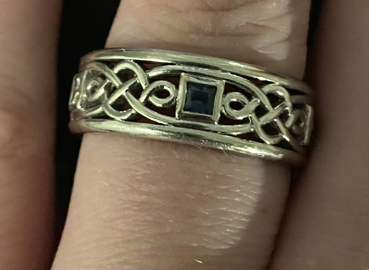 Men's 14k White Gold Celtic Wedding band with Diamond, Black Diamonds, and Sapphires.