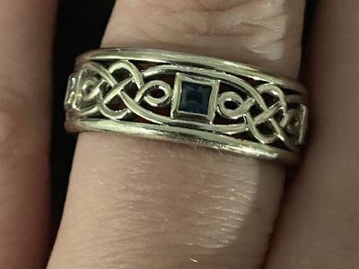 Men's 14k White Gold Celtic Wedding band with Diamond, Black Diamonds, and Sapphires.