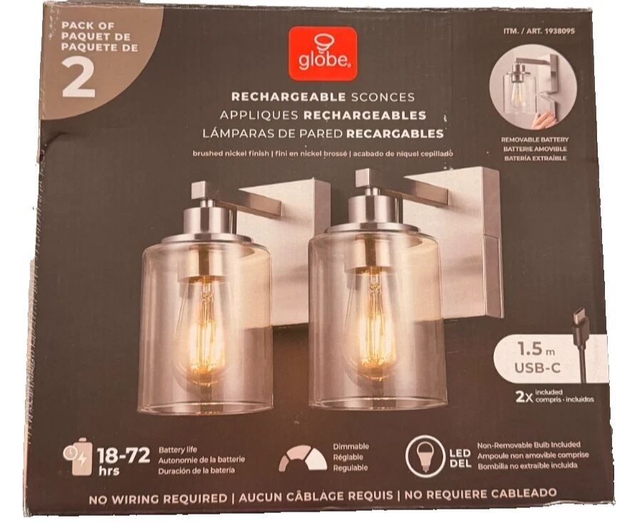 Globe Electric Rechargeable Glass Wall Sconce, Battery Powered 2-pack 1938095 #103840