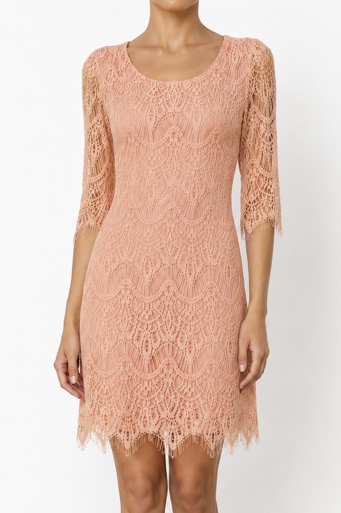 Pink Lace Dress with 3/4 Sleeves - Elegant