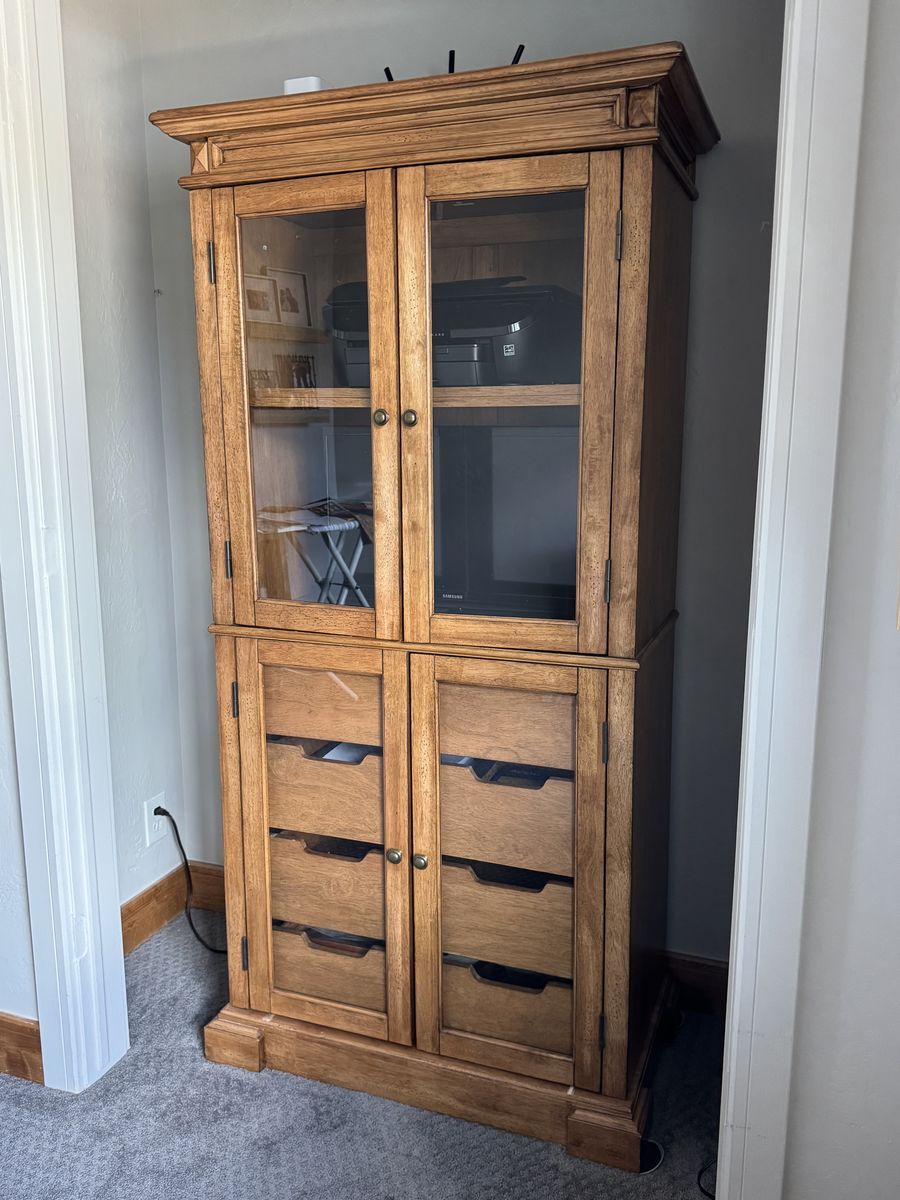 Large Wood Entertainment Center Storage Cabinet with Glass Doors and Drawers
