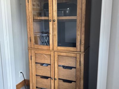 Large Wood Entertainment Center Storage Cabinet with Glass Doors and Drawers
