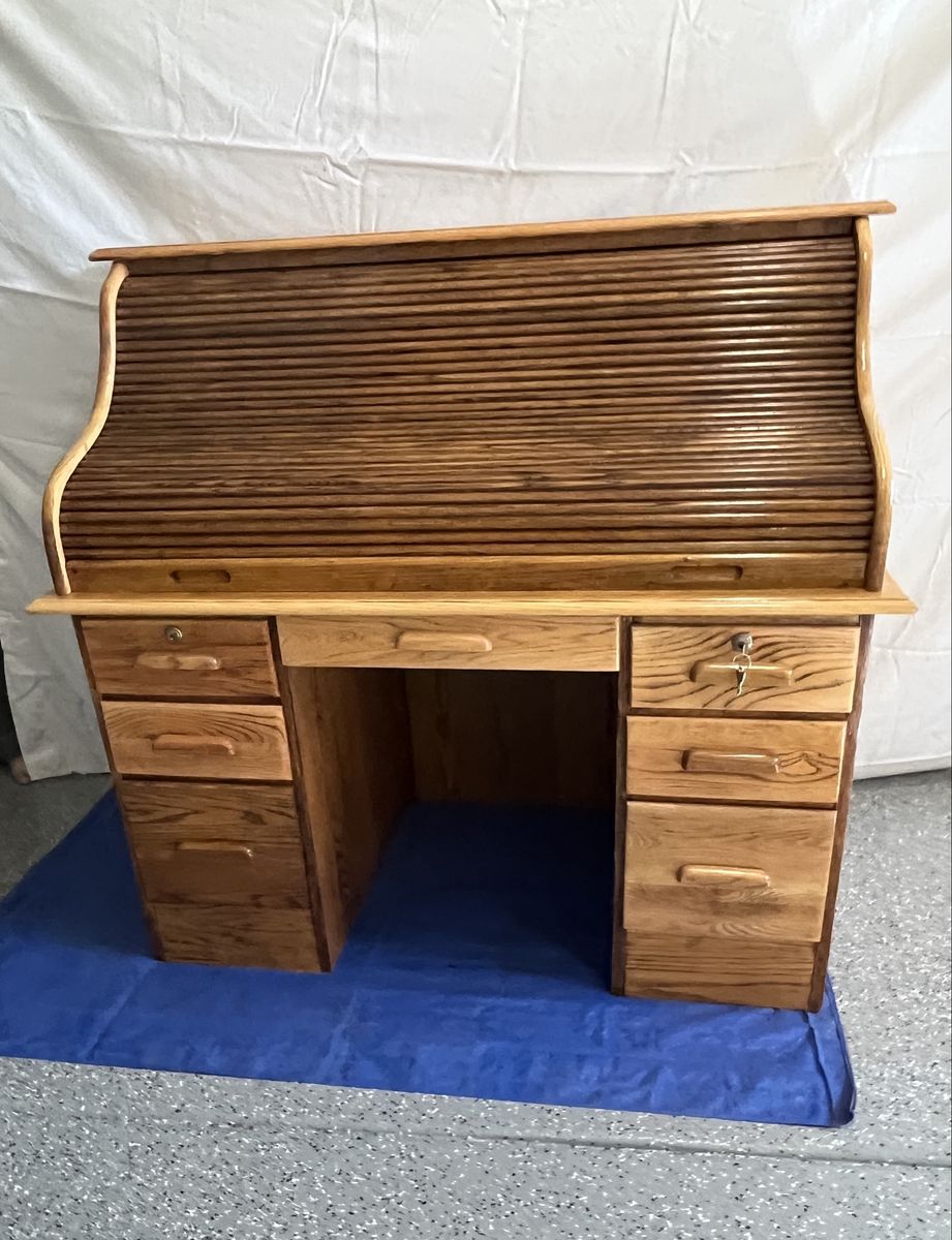 Vintage Solid Wood Roll Top Desk with Drawers and Key