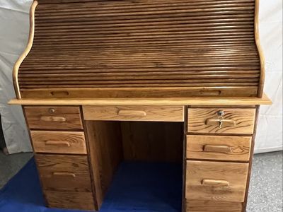 Vintage Solid Wood Roll Top Desk with Drawers and Key
