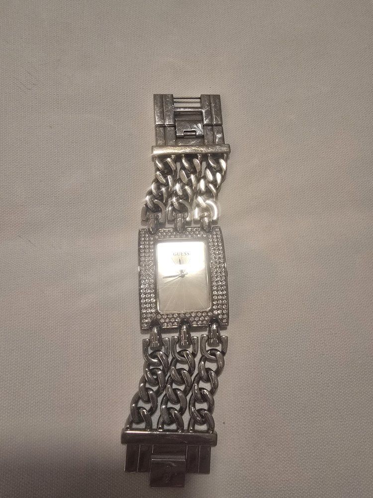 Guess U12640L1 Silver-Tone Chain Strap Watch with Crystal Embellishments