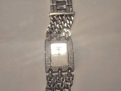 Guess U12640L1 Silver-Tone Chain Strap Watch with Crystal Embellishments