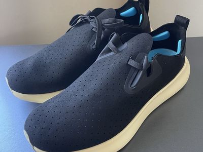 Native Shoes Men's Size 12 Black Perforated Slip-On Sneakers with Beige Soles - NEW