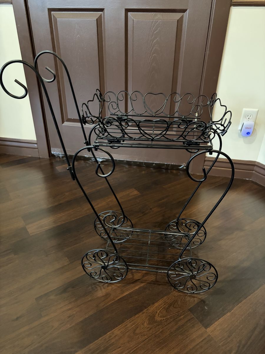 Black Wrought Iron Scroll Plant Stand Cart 2-Tier Rolling Cart