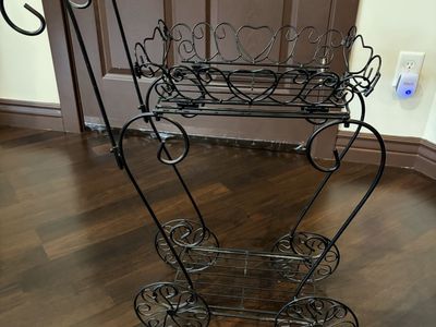 Black Wrought Iron Scroll Plant Stand Cart 2-Tier Rolling Cart