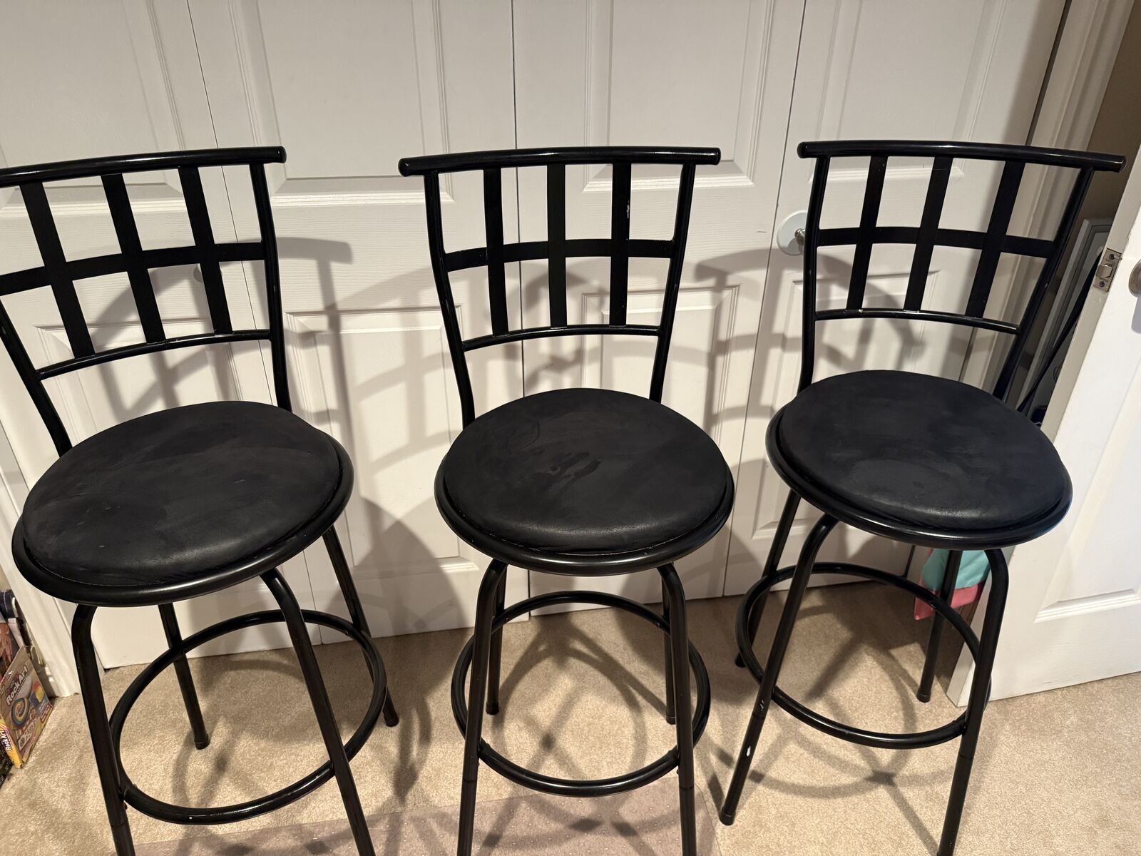 3 Black Metal Full Back Bar Stools for Sale