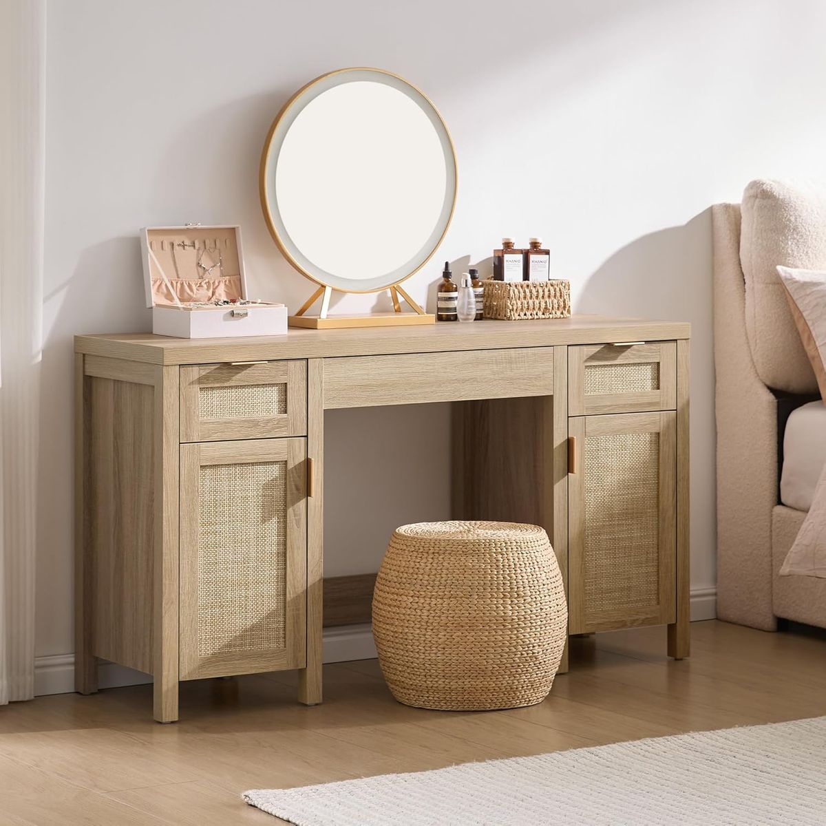 Boho Farmhouse Light Oak Desk or Dressing Table 3 Drawers & 2 Cabinets