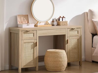 Boho Farmhouse Light Oak Desk or Dressing Table 3 Drawers & 2 Cabinets