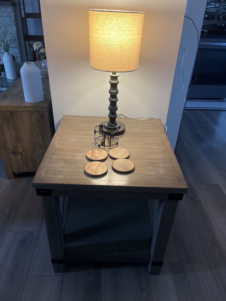 Living Room Side Table, Coasters and Lamp