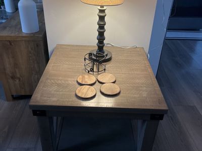 Living Room Side Table, Coasters and Lamp