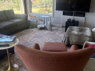 Red chair with stool