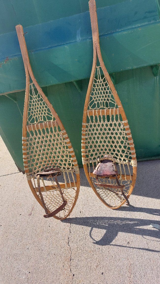 Vintage Wood & Rawhide Snowshoes with Leather Bindings - Classic Winter Sports Gear