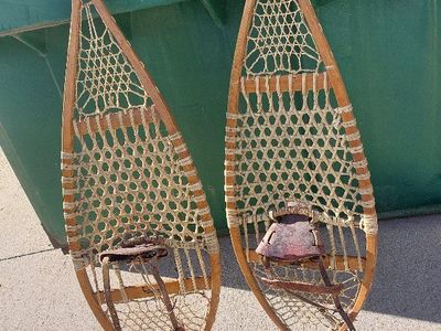Vintage Wood & Rawhide Snowshoes with Leather Bindings - Classic Winter Sports Gear