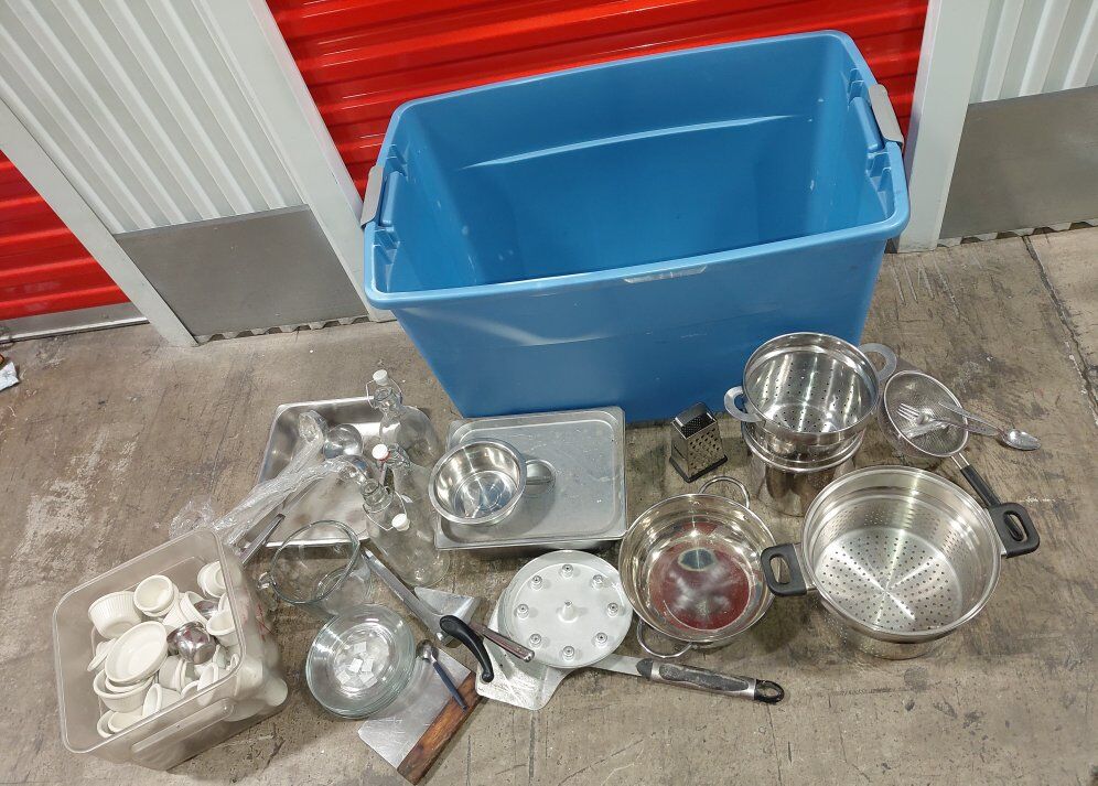 large Tote of Restaurant Kitchen Items
