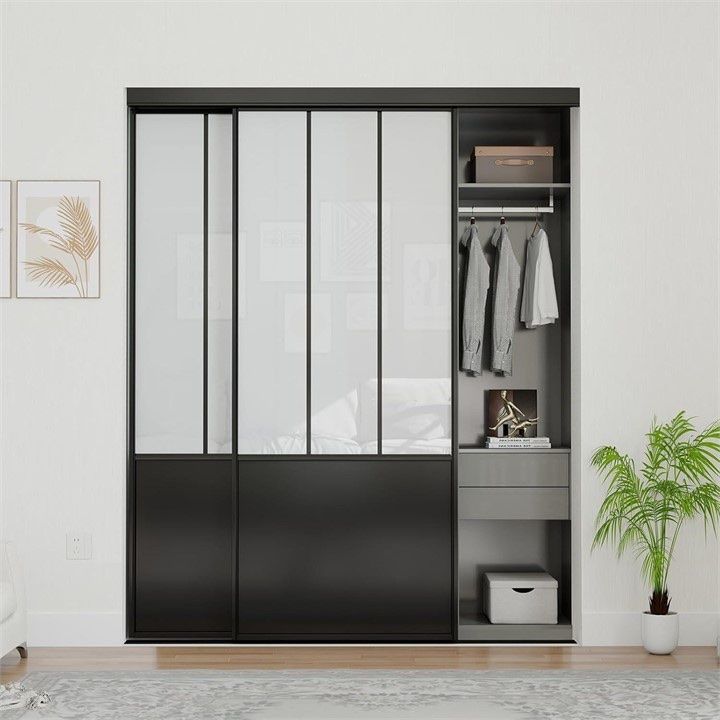 Modern Metal and Glass Sliding Closet Doors with Black Frame and Hardware