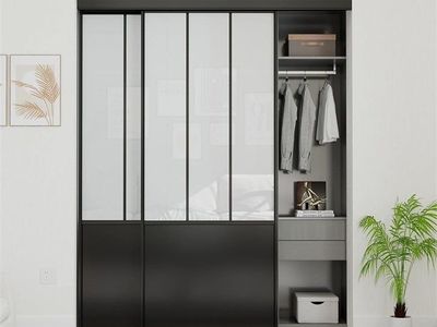 Modern Metal and Glass Sliding Closet Doors with Black Frame and Hardware
