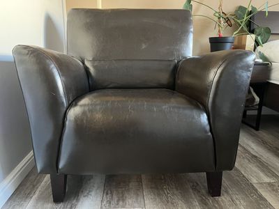 Dark Brown Faux Leather Armchair Club Chair - Used Condition, Scuffs & Wear