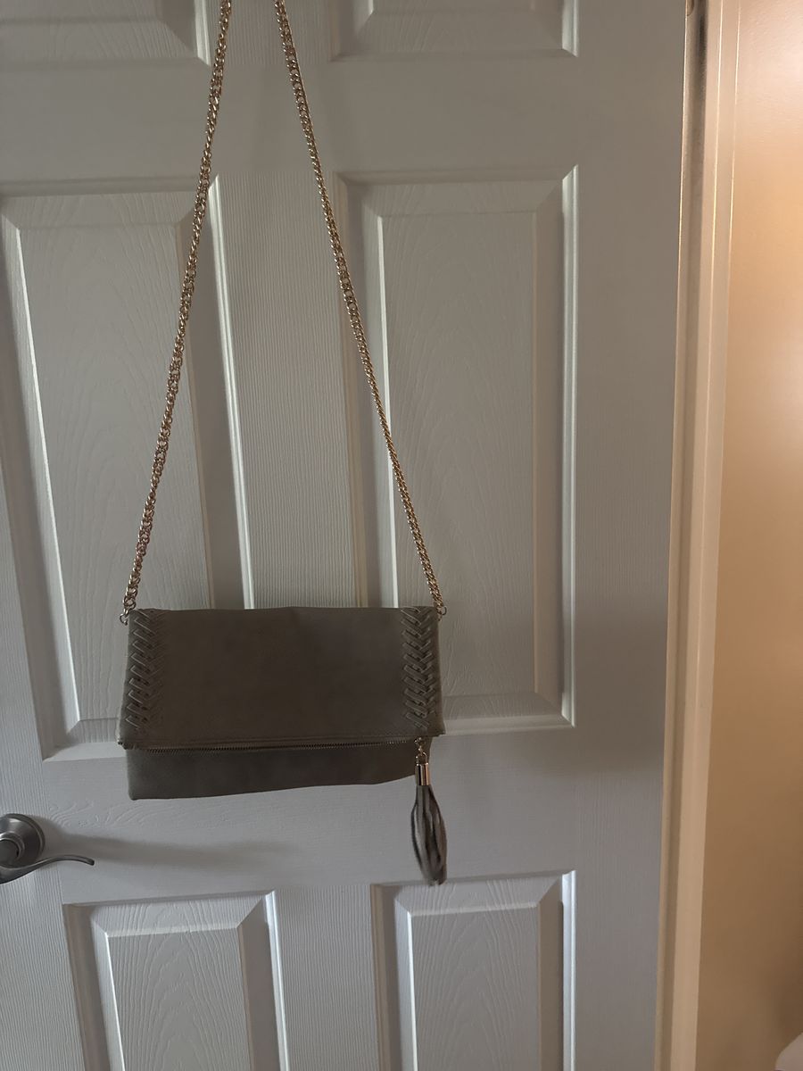 Women's Grey Faux Leather Foldover Crossbody Bag with Gold Chain Strap and Tassel