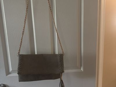 Women's Grey Faux Leather Foldover Crossbody Bag with Gold Chain Strap and Tassel