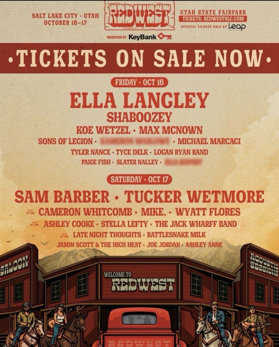 REDWEST Music Festival Ticket - October 16-17, Salt Lake City, UT - Feat. Koe Wetzel, Ella Langley & more