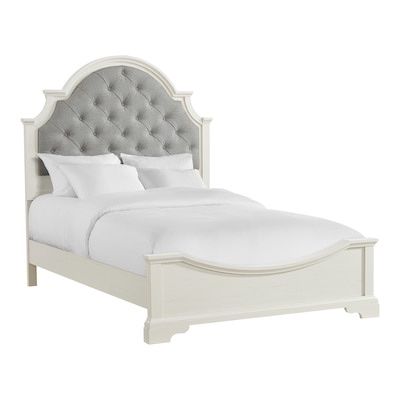 New in box- full size bed frame Tufted Upholstered Arched Headboard , wood footboard and wood side rails antique white 