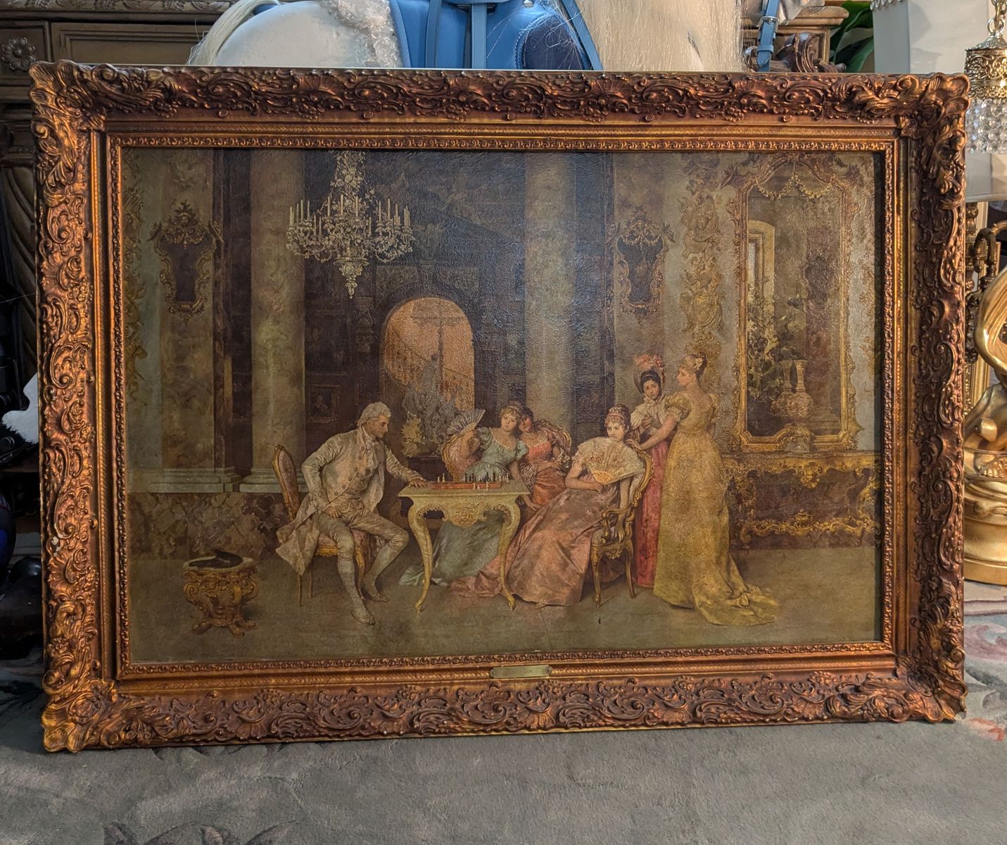 42x30 Vintage Canvas Oil Lithograph Reproduction of the "Chess Game" by artist Francesco Beda
