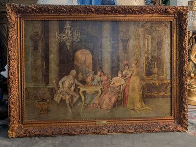 42x30 Vintage Canvas Oil Lithograph Reproduction of the "Chess Game" by artist Francesco Beda