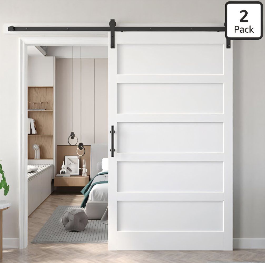 48x84 inch White Barn Door with 8FT Sliding Door Hardware Kit Included & Handle,MDF,Solid PVC Surface,DIY Assembly,5-Panel,Fit 4