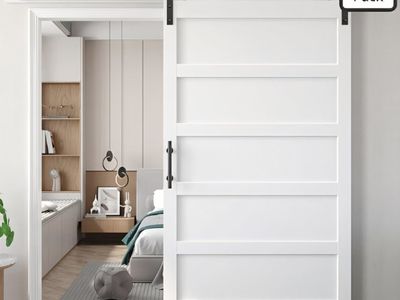 48x84 inch White Barn Door with 8FT Sliding Door Hardware Kit Included & Handle,MDF,Solid PVC Surface,DIY Assembly,5-Panel,Fit 4