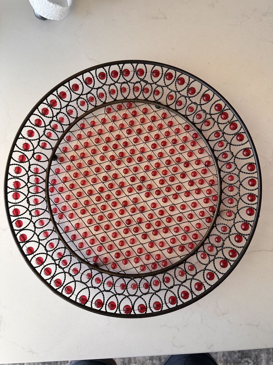 Decorative Metal & Red Glass Beaded Charger Plate / Tray - 13.5" Round