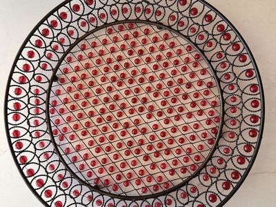 Decorative Metal & Red Glass Beaded Charger Plate / Tray - 13.5" Round