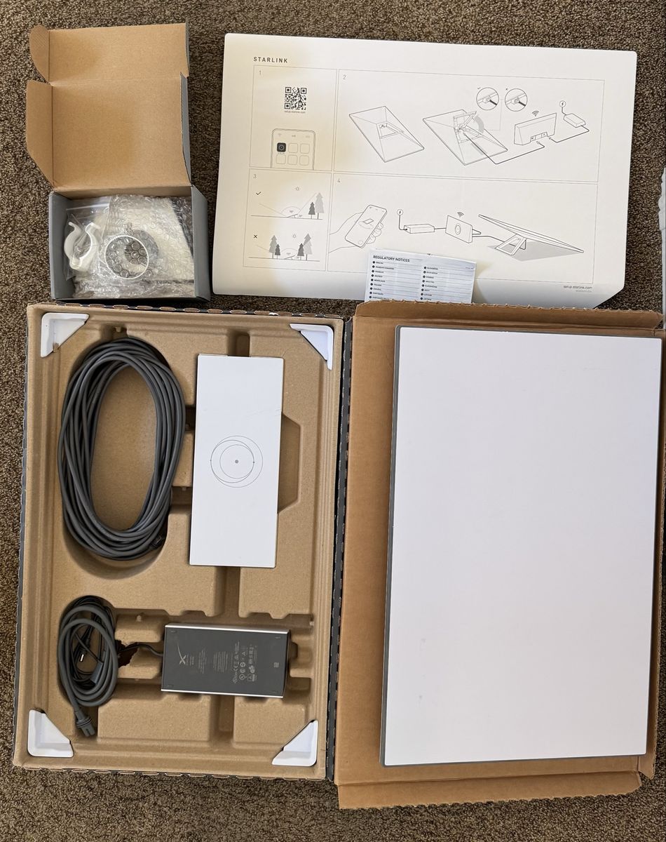 Starlink Satellite Internet Gen 3 Kit with Dish, Router, Cables, and power supply.  Plus pole mount adapter.  For sale