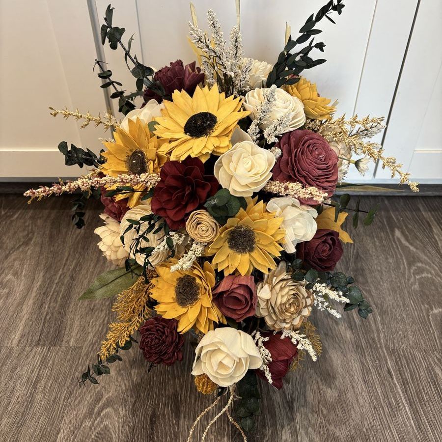 Burgundy and sunflower cascading wood flower bridal bouquet