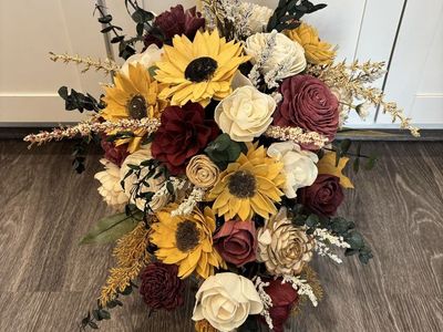 Burgundy and sunflower cascading wood flower bridal bouquet